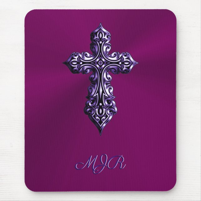Embossed-look Gothic Cross in Purple with Monogram Mousepad (Vorne)