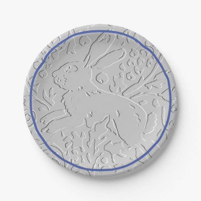 Embossed Look Gray Rabbit Bunny Blue Border Pappteller (Vorderseite)