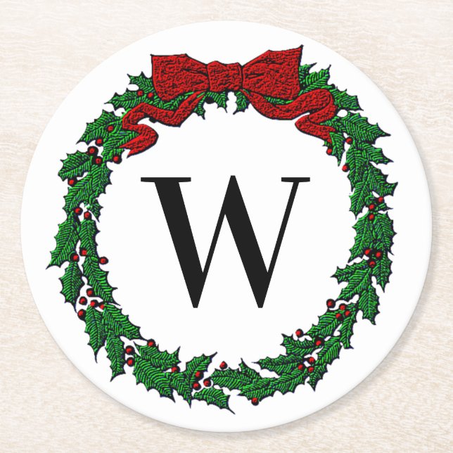 Embossed Look Holly Wreath Monogram Runder Pappuntersetzer (Vorderseite)