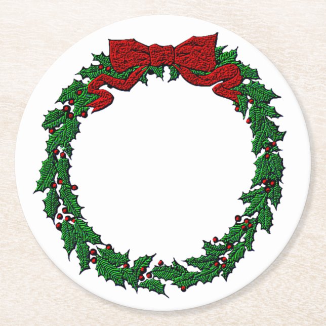 Embossed Look Holly Wreath Runder Pappuntersetzer (Vorderseite)