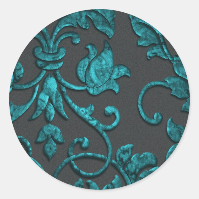 Embossed Metallic Damask, Aquamarin Runder Aufkleber (Vorderseite)