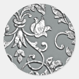 Embossed Metallic Look Damask Silver Runder Aufkleber