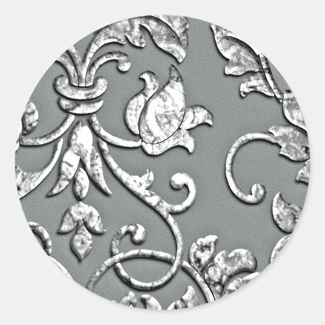 Embossed Metallic Look Damask Silver Runder Aufkleber (Vorderseite)
