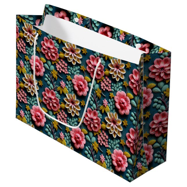 Embossed Pink Florals Große Geschenktüte (Vorderseite Schrägansicht)