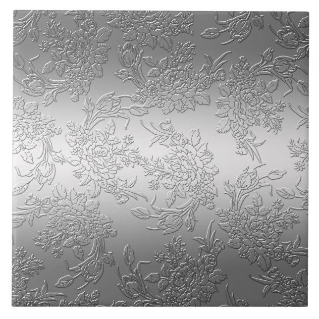 Embossed Polished Silver Rose und Tulips Fliese (Vorderseite)