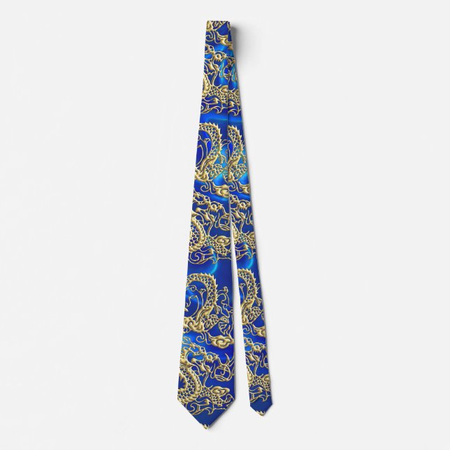 Embosses Gold Dragon auf Blue Satin Print Krawatte (Vorderseite)