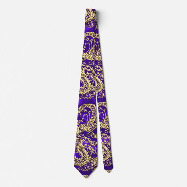 Embosses Gold Dragon auf Lila Satin Print Krawatte (Vorderseite)