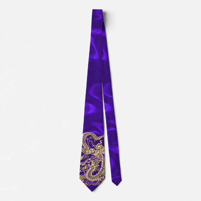 Embosses Gold Dragon auf Lila Satin Print Krawatte (Vorderseite)