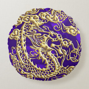 Embosses Gold Dragon auf Lila Satin Print Rundes Kissen