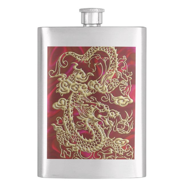 Embosses Gold Dragon auf Red Satin Print Flachmann (Vorderseite)