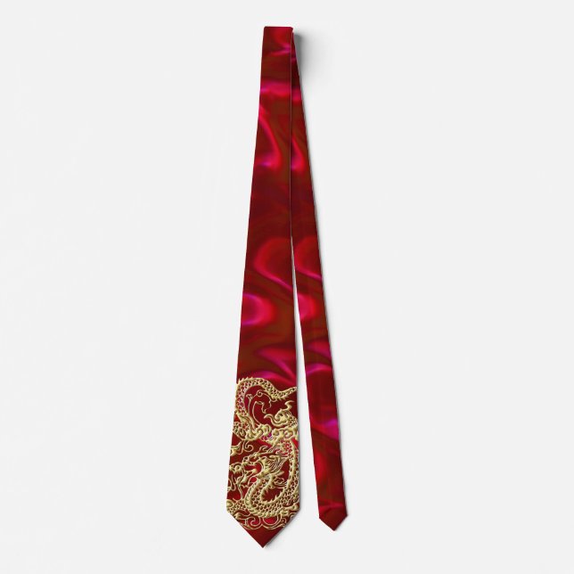 Embosses Gold Dragon auf Red Satin Print Krawatte (Vorderseite)