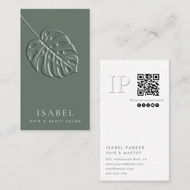 Embosses Monstera-Blatt-Monogramm Qr-Code Visitenkarte (Vorne/Hinten)