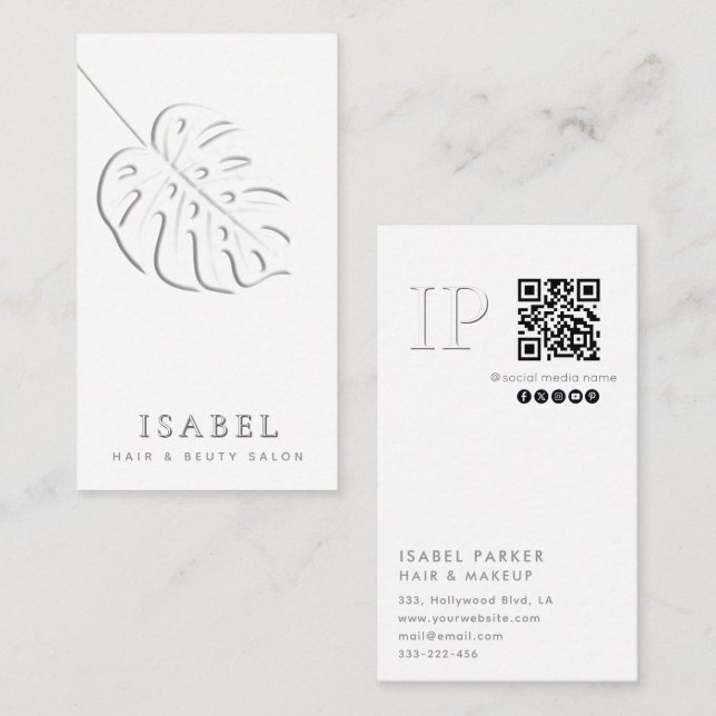 Embosses Monstera-Blatt-Monogramm Qr-Code Visitenkarte (Vorne/Hinten)