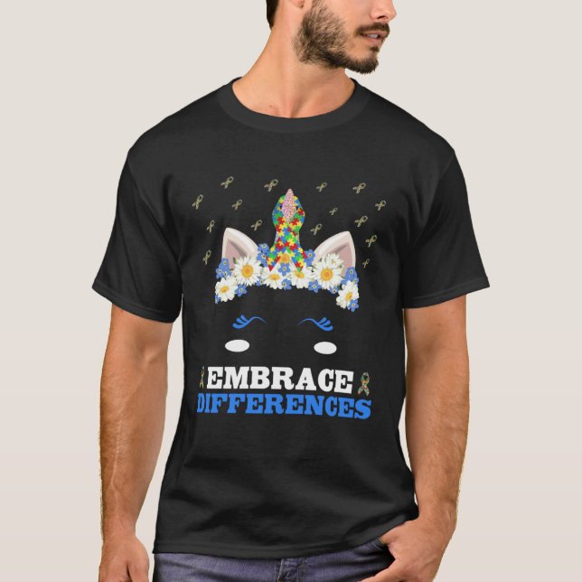 Embrace Differences Unicorn Face Puzzle Autism Awa T-Shirt (Vorderseite)