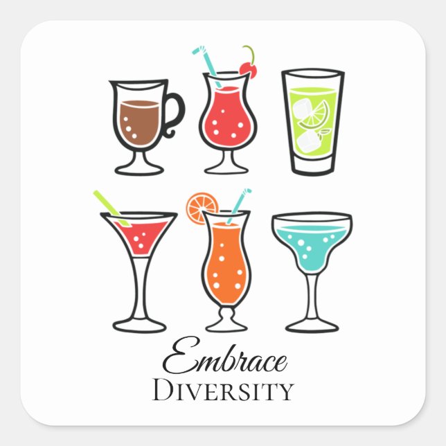 Embrace Diversity Cute Cocktails Illustration Quadratischer Aufkleber (Vorderseite)