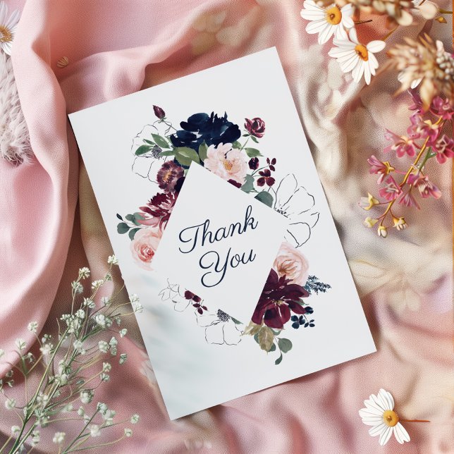 Embrace Floral Wedding | Burgundy Navy Blue Dankeskarte (Von Creator hochgeladen)