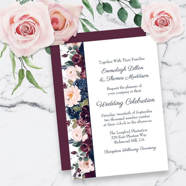 Embrace Floral Wedding | Burgundy Navy Blue Einladung (Von Creator hochgeladen)