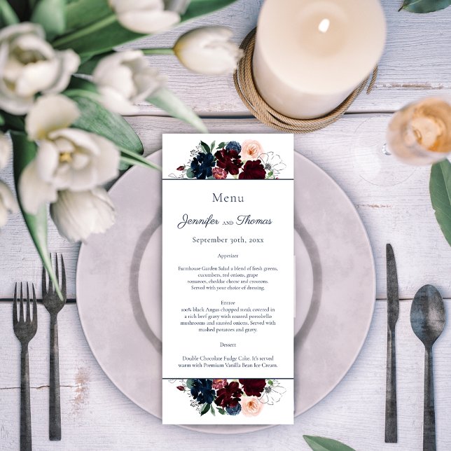 Embrace Floral Wedding Menu | Burgundy Navy Blue Menükarte (Von Creator hochgeladen)