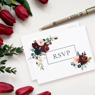 Embrace Floral Wedding RSVP Burgundy Navy Blue Einladungspostkarte