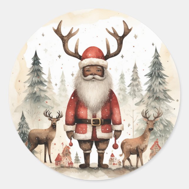 Embrace the Magic: Black Santa Joy Runder Aufkleber (Vorderseite)