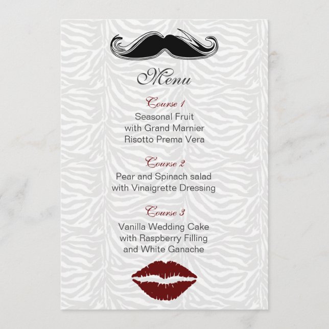 embrasser et moustache zèbre rayures menu mariage (Devant)