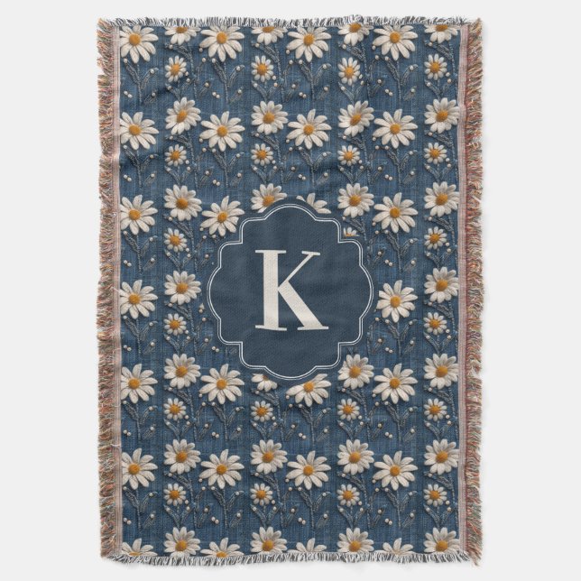 Embroidered Daisy Denim Blanket | Monogram Decke (Vorderseite Vertikal)