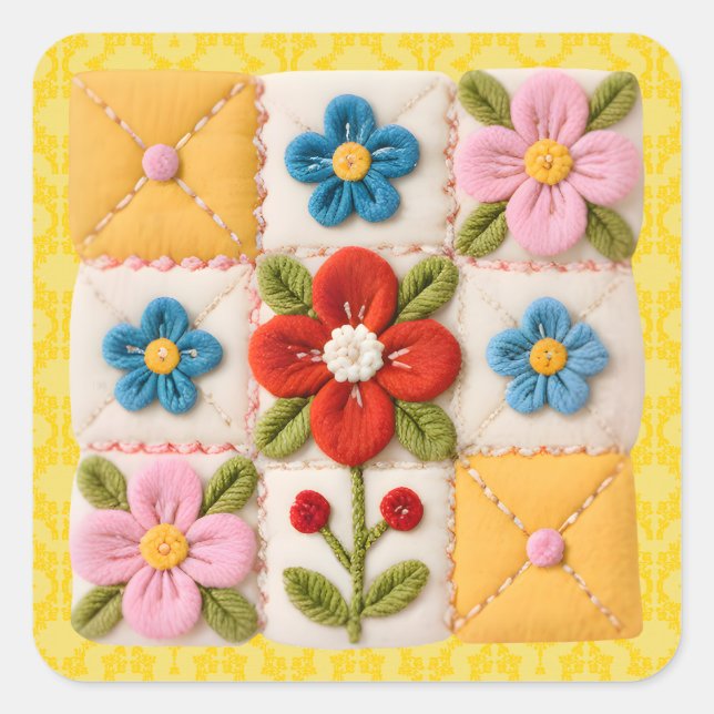 Embroidered Flower Patchwork Quilt Quadratischer Aufkleber (Vorderseite)
