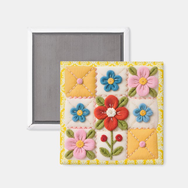 Embroidered Flower Quilt Block Magnet (Vorderseite/Rückseite)