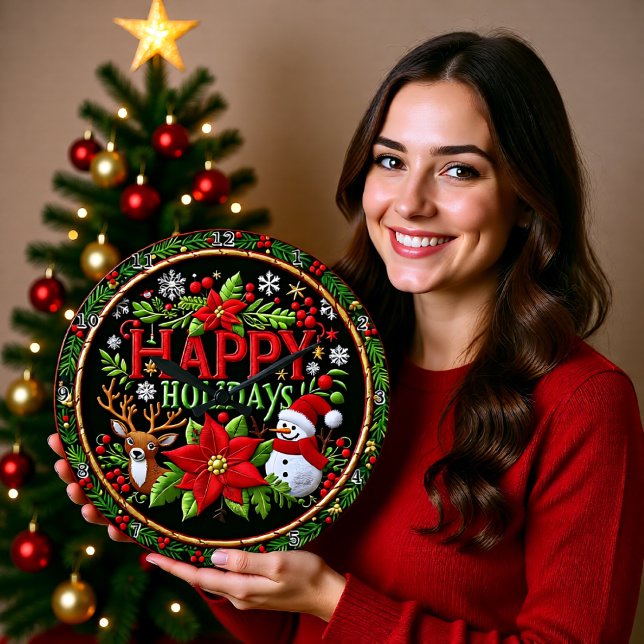 Embroidered Happy Holidays Black Große Wanduhr (Von Creator hochgeladen)