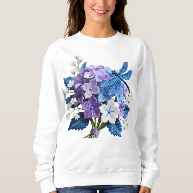 Embroidered Hydrangeas and Dragonfly Botanical Art Sweatshirt (Vorderseite)
