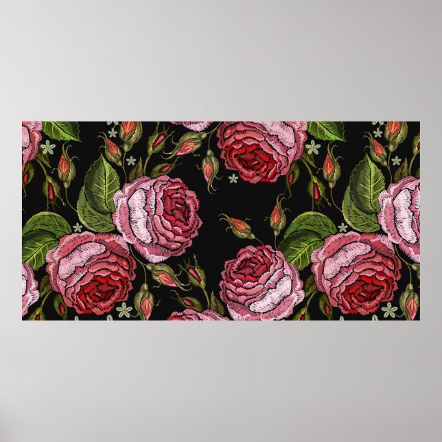 Embroidery red roses vintage seamless pattern. Bea Poster (Vorne)