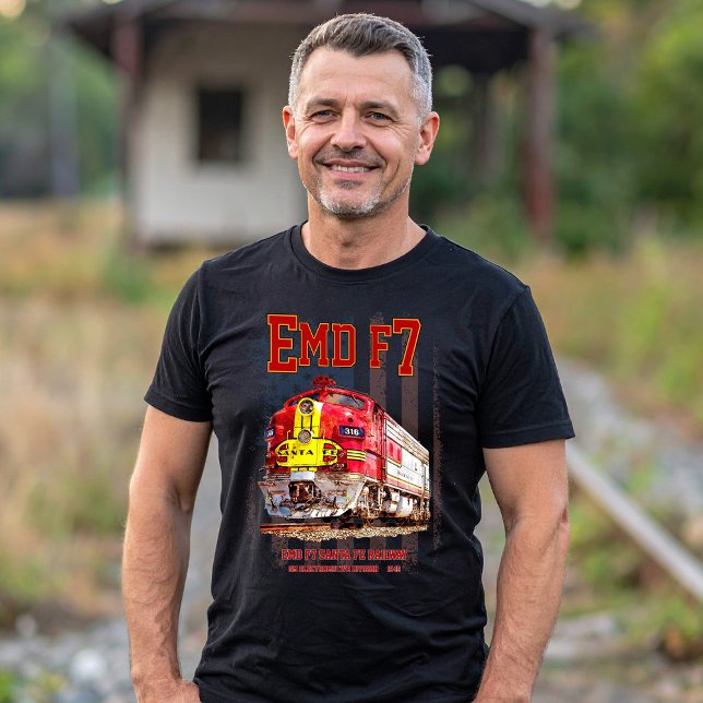 EMD F7 Santa Fe Warbonnet with American Flag. T-Shirt (EMD F7 Santa Fe Warbonnet Diesel Locomotive. Mens Basic T-Shirt)