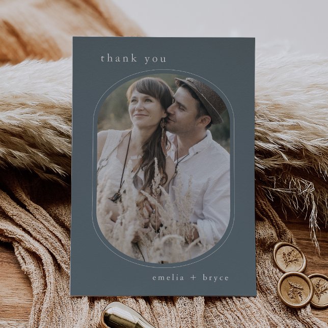 EMELIA Flat Navy Rustic Minimal Boho Foto Hochzeit Dankeskarte (EMELIA Flat Navy Rustic Minimal Boho Photo Wedding Thank You Card)