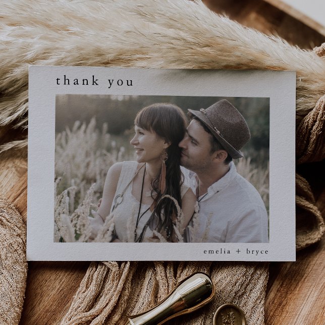 EMELIA Flat White Black Boho Rustic Foto Wedding Dankeskarte (EMELIA Flat White Black Boho Rustic Photo Wedding Thank You Card)