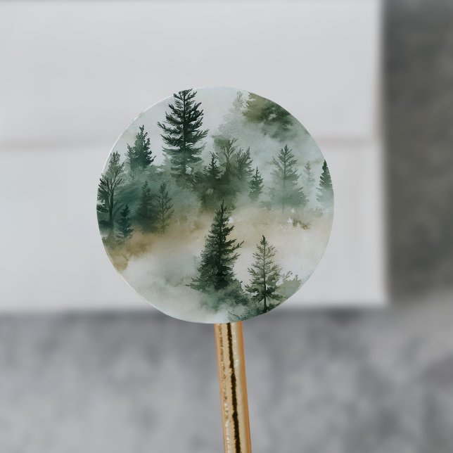 EMELIA Moderne Hochzeit des Grünwaldes im Gebirge Runder Aufkleber (EMELIA Modern Mountain Sage Green Forest Wedding Classic Round Sticker)