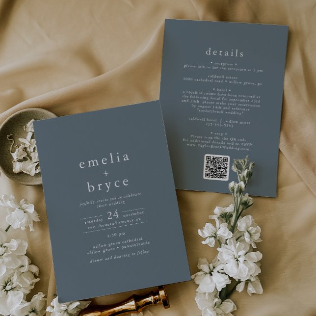 EMELIA QR Code Simple Boho Navy Dark Blue Wedding Einladung (EMELIA QR Code Simple Boho Navy Dark Blue Wedding Invitation)