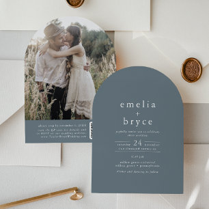 EMELIA QR Foto Arch Blue Vintage Wedding Einladung