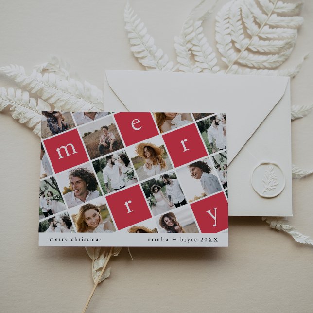 EMELIA Red Modern Family Multi Foto Weihnachten (EMELIA Red Modern Family Multi Photo Christmas Holiday Card)
