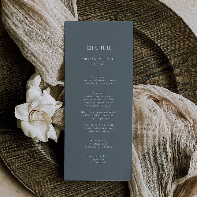 EMELIA Simple Boho Navy Rustic Dark Blue Wedding Menükarte (EMELIA Simple Boho Navy Rustic Dark Blue Wedding Menu)