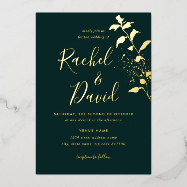 Emeral Green Gold Floral Wedding Folieneinladung (Vorderseite)