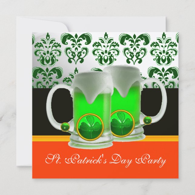 EMERAL GREEN WHITE DAMASK, KLEEBLATT, Schwarz Oran Einladung (Vorderseite)