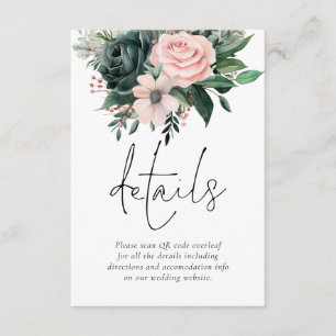 Emerald and Blush Florals QR Code Hochzeitsdetails Begleitkarte