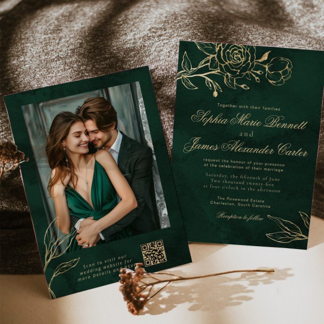 Emerald and Gold Elegant Botanical Photo Wedding Einladung (Von Creator hochgeladen)