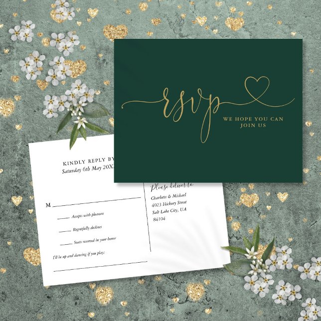 Emerald and Gold Heart Song Anfrage Einladungspostkarte (Emerald And Gold Heart Script Song Request Invitation Postcard)