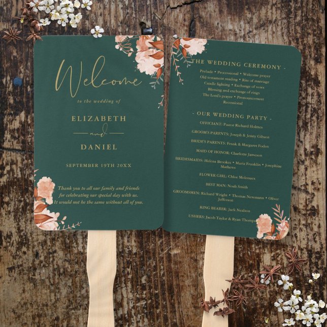 Emerald and Gold Rustic Floral Wedding Program Fächer (Emerald And Gold Rustic Floral Wedding Program Hand Fan)