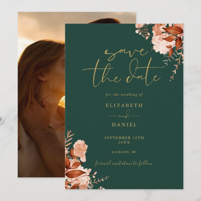 Emerald and Gold Rustikale Foto Hochzeit im Herbst Save The Date (Vorne/Hinten)
