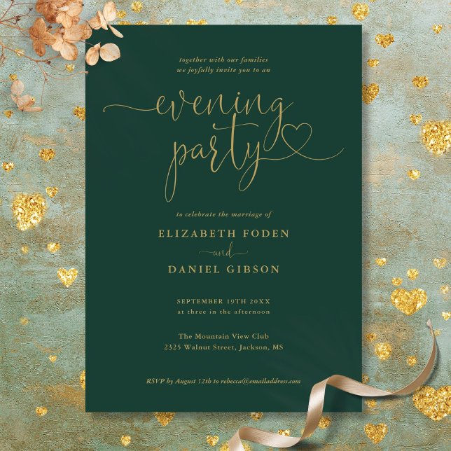 Emerald and Gold Script Wedding Abend Party Einladung (Emerald And Gold Script Wedding Evening Party Invitation)