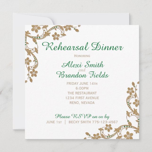 Emerald and Gold Wedersal Rehersal Dinner Einladung (Vorderseite)