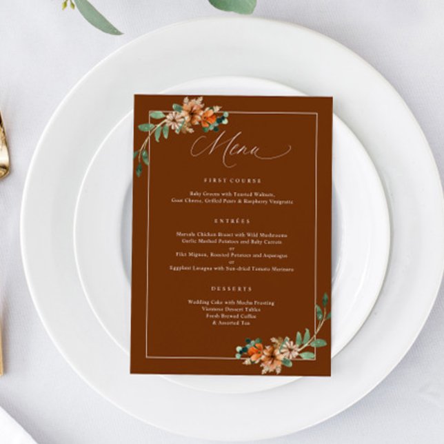 Emerald and Rust Burnt Orange Greenerenerity Weddi Menükarte (Emerald and Rust Burnt Orange Wedding Menu for fall or winter weddings 5x7)
