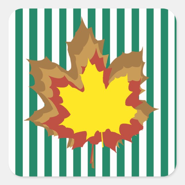 Emerald Autumnal Streifen mit Blätter Quadratischer Aufkleber (Vorderseite)